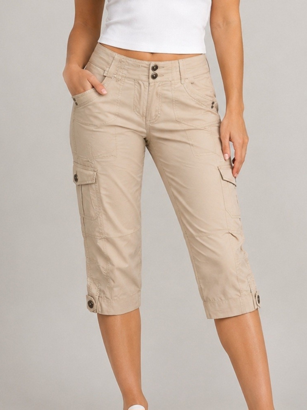 White House Black Market Beige Cargo Capris with Button Tabs